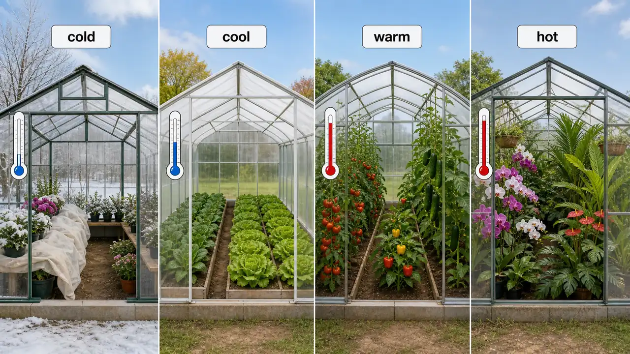 Greenhouse temperature classes showing cold, cool, warm, and hot houses with representative crops