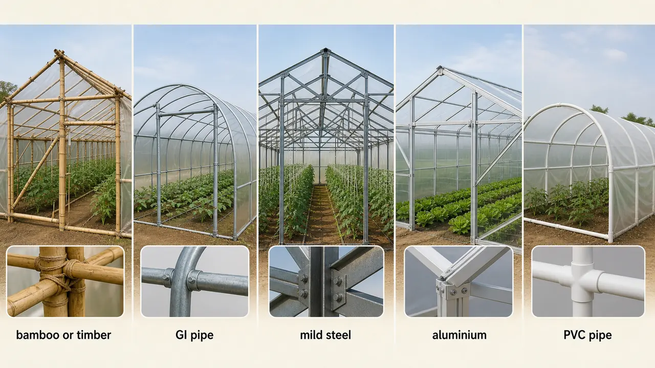 Greenhouse frame material comparison showing bamboo or timber, GI pipe, mild steel, aluminium, and PVC pipe structures