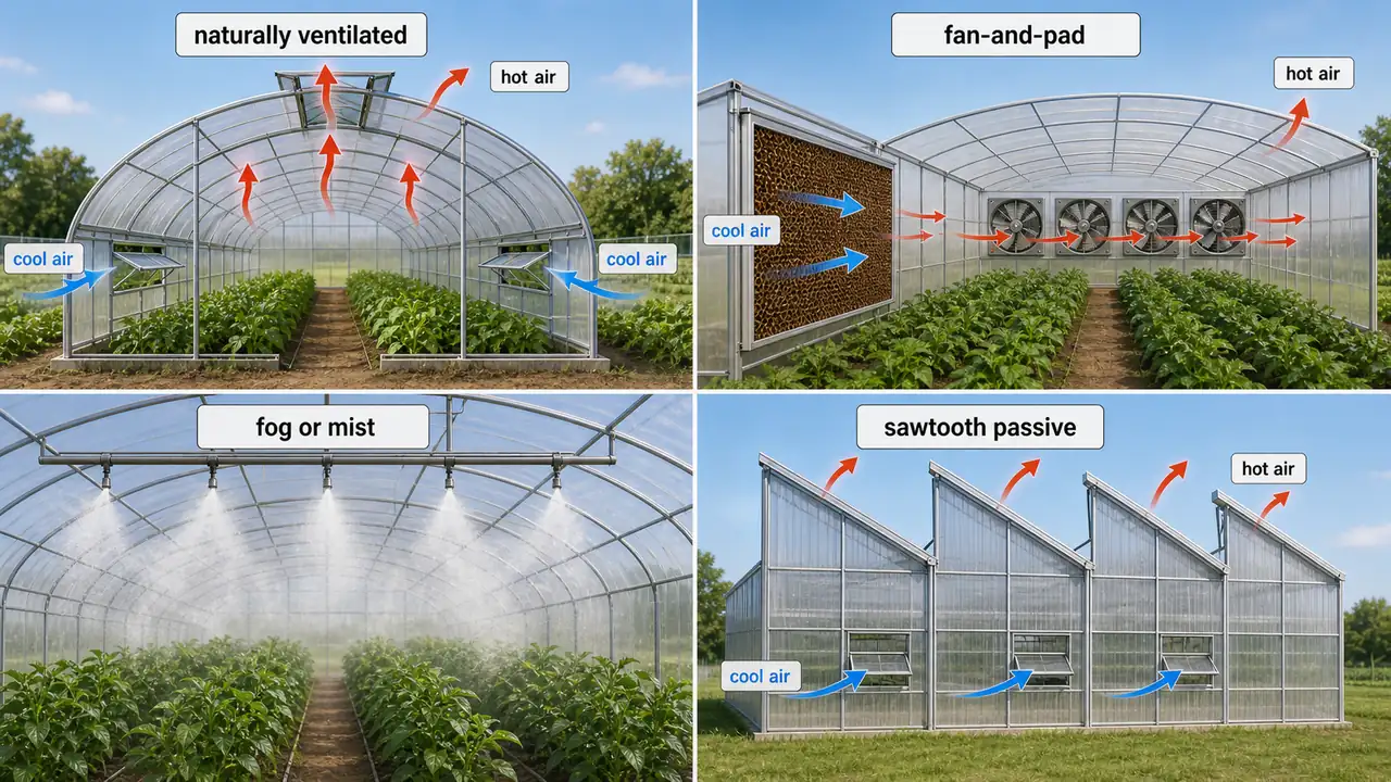Protected cultivation ventilation comparison showing naturally ventilated, fan-and-pad, fog or mist cooling, and sawtooth passive systems