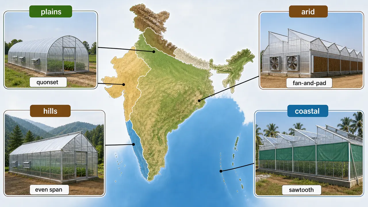 India climate-region guide for protected cultivation showing suitable greenhouse types for plains, arid zones, hills, and coastal regions