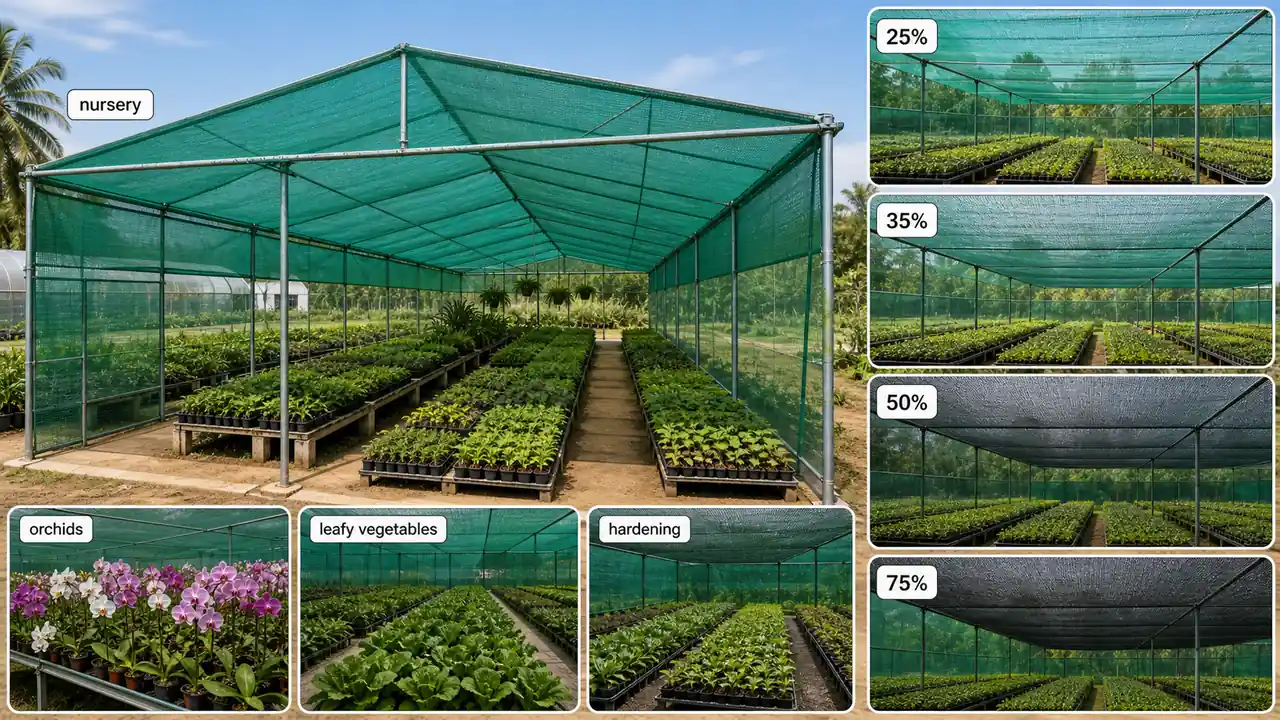 Shade net house for protected cultivation showing nursery use and comparison of 25, 35, 50, and 75 percent shade levels