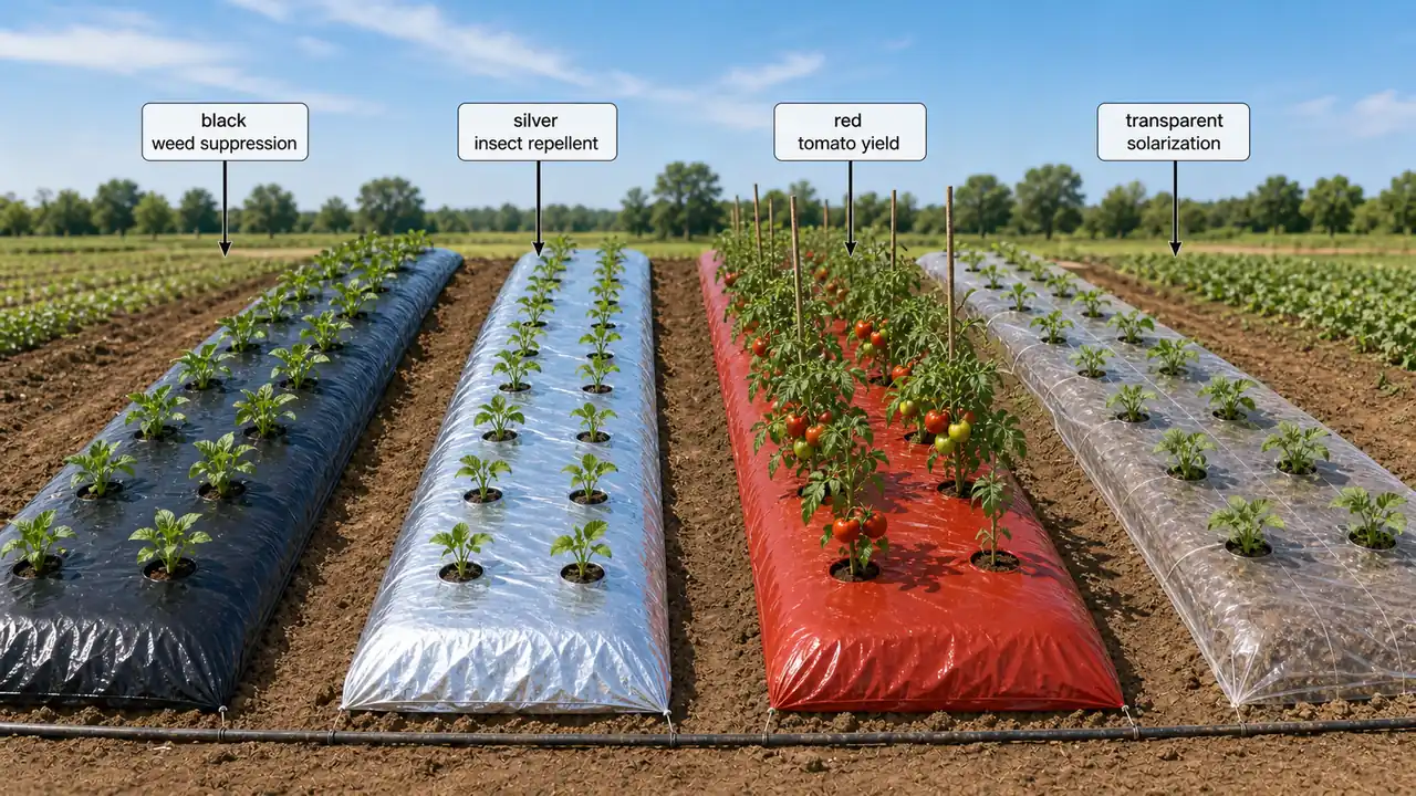 Plastic mulch comparison showing black mulch for weed suppression, silver reflective mulch for insect management, red mulch for tomato crops, and transparent mulch for solarization