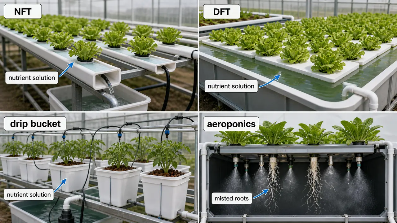 Hydroponic systems comparison showing NFT, DFT, drip bucket, and aeroponics with nutrient solution flow