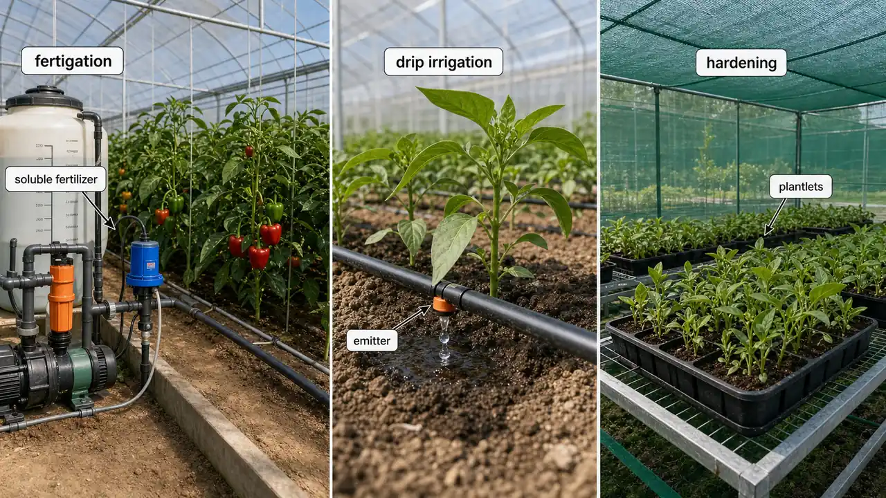 Protected cultivation management techniques showing fertigation setup, drip irrigation emitters, and tissue culture plantlet hardening