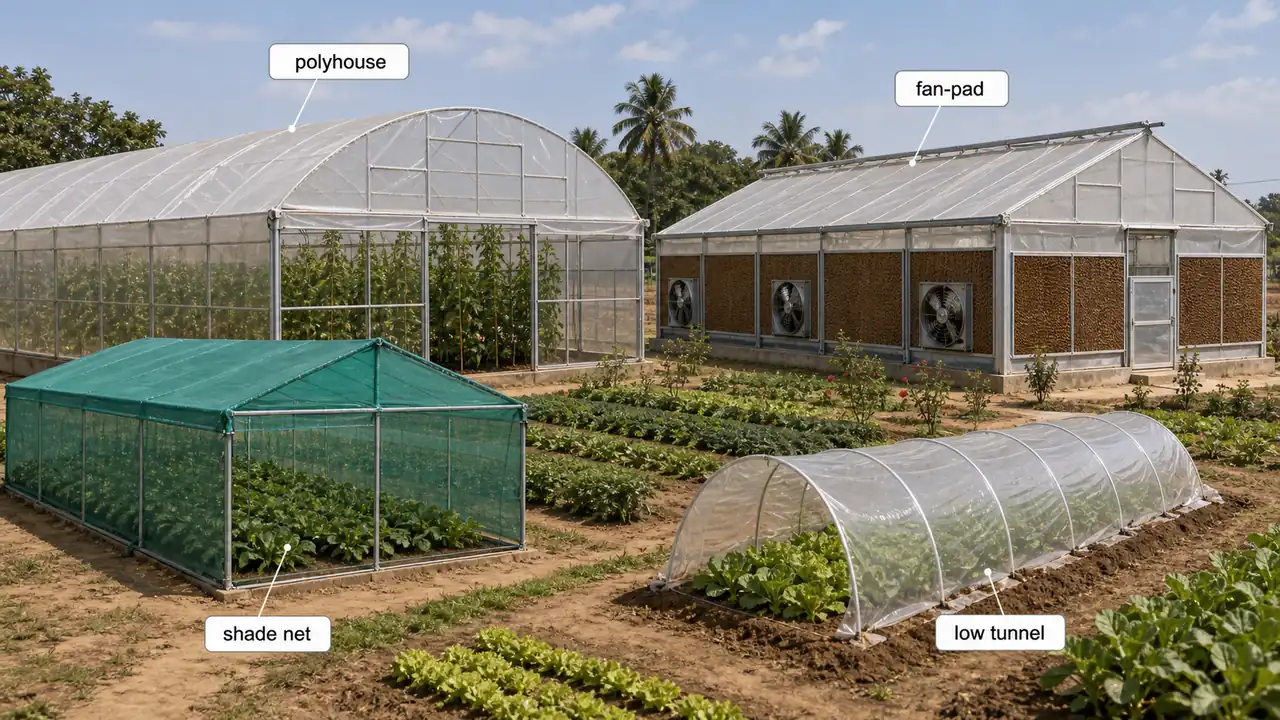 Comparison of naturally ventilated polyhouse, fan-and-pad greenhouse, shade net house and low tunnel
