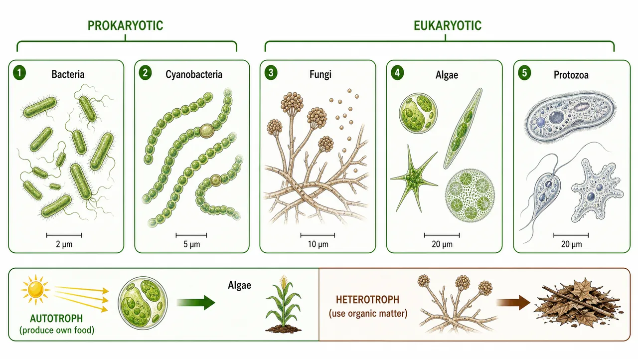 Microbiology classification board showing prokaryotic and eukaryotic agricultural microorganisms with autotroph and heterotroph examples