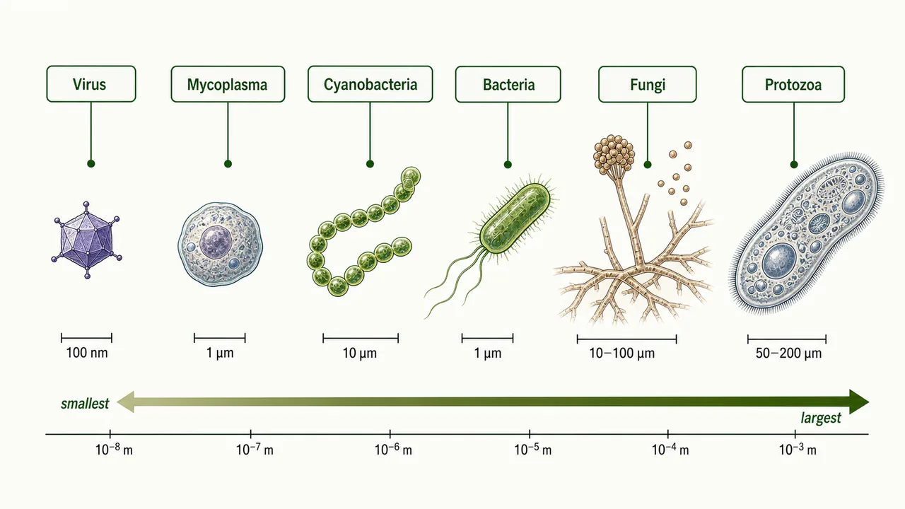 Relative size ladder of viruses mycoplasma cyanobacteria bacteria fungi and protozoa used in agricultural microbiology