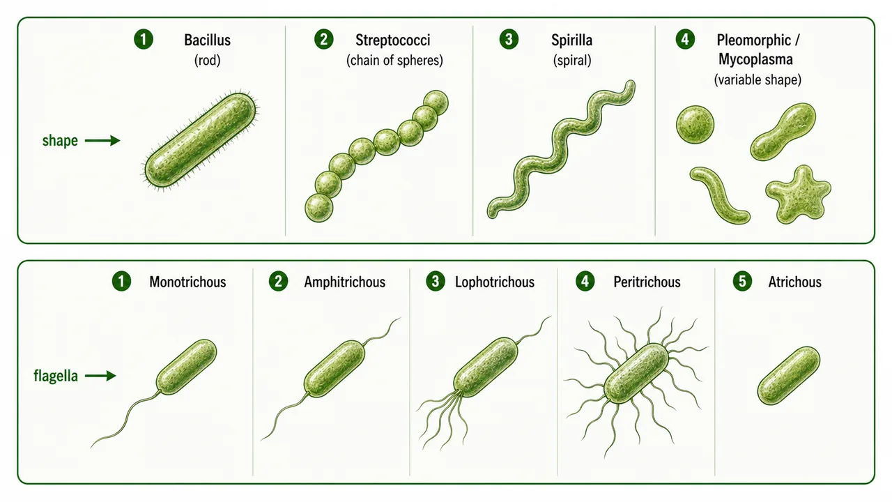 Bacterial shapes and flagella arrangement chart showing bacillus streptococci spirilla pleomorphic cells and common flagellar patterns