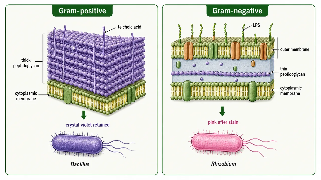 Gram positive and Gram negative bacterial cell wall comparison for agricultural microbiology and plant pathogenic bacteria