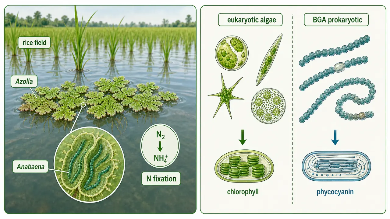 Algae and blue green algae comparison showing Azolla Anabaena association and nitrogen fixation in flooded rice fields