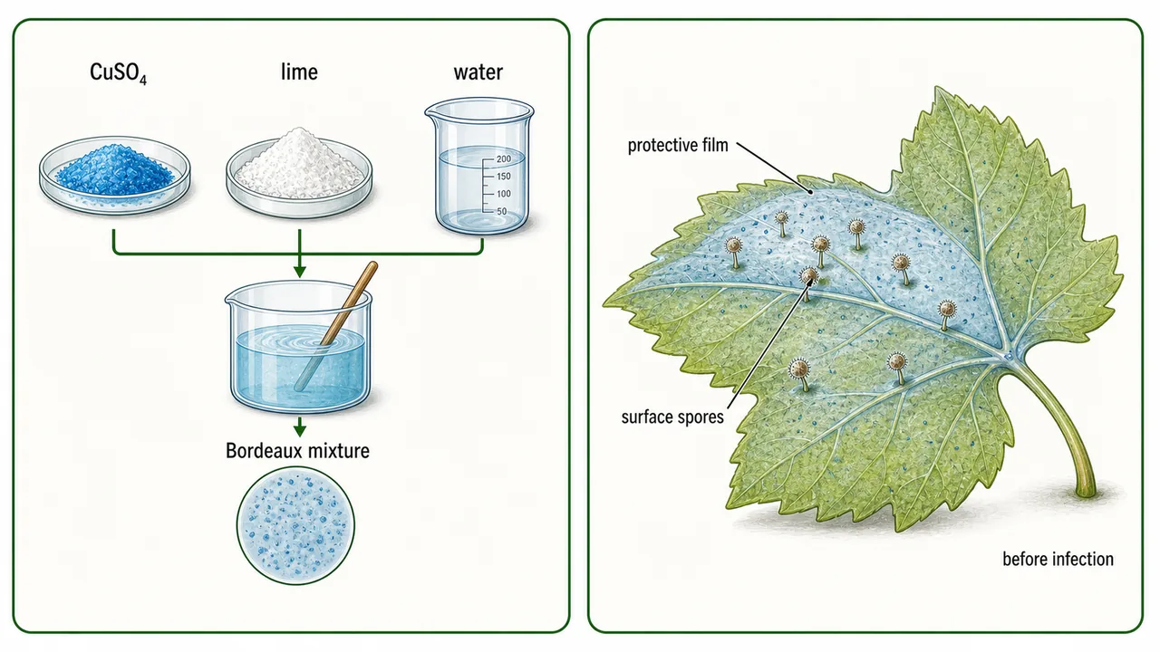 Bordeaux mixture teaching diagram showing copper sulphate lime and water forming a protective fungicidal film on plant surfaces