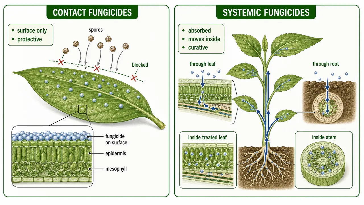 Contact and systemic fungicide comparison showing surface protection versus internal absorption and movement in plants