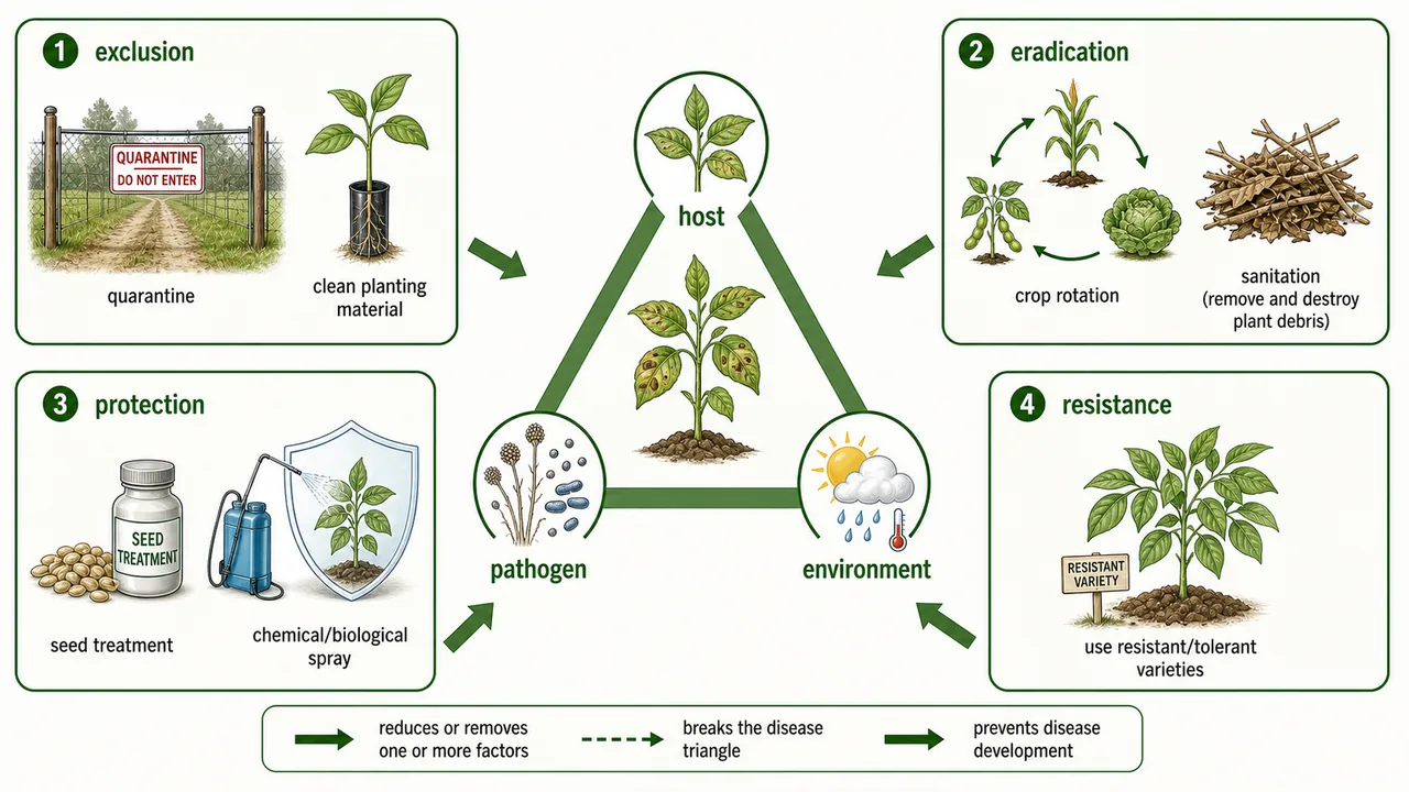 Plant disease control methods diagram showing the disease triangle with exclusion eradication protection and resistance approaches