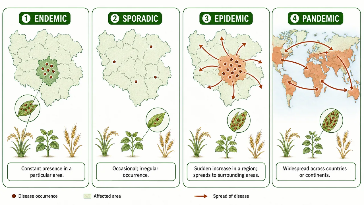 Plant disease occurrence scale comparing endemic sporadic epidemic and pandemic spread patterns