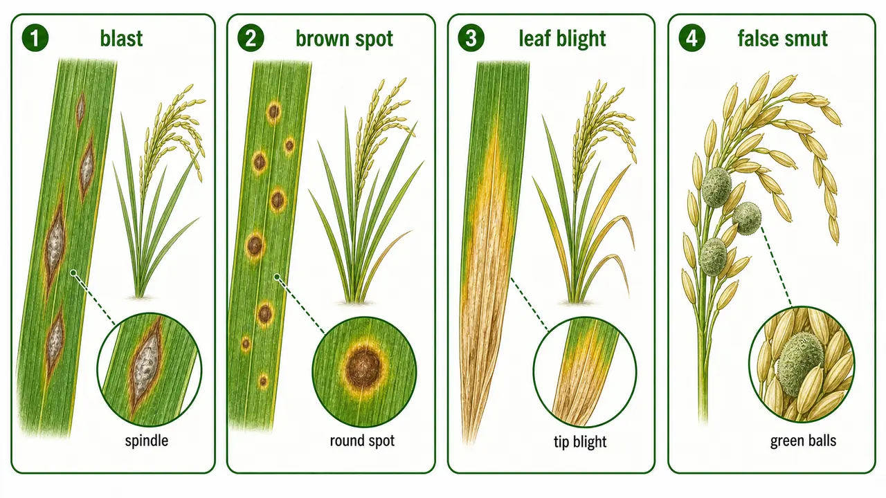 Rice disease diagnosis board comparing blast brown spot bacterial leaf blight and false smut symptoms for field recognition