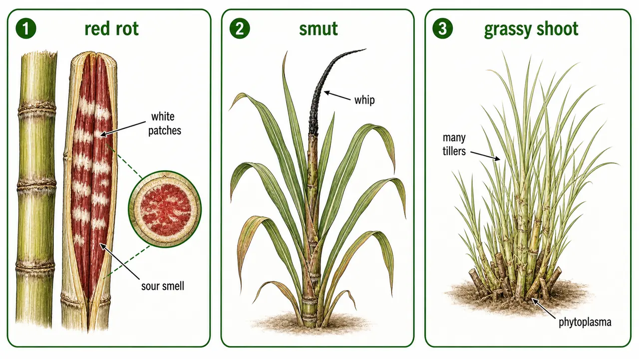Sugarcane disease comparison board showing red rot internal symptoms smut whip and grassy shoot tillering pattern