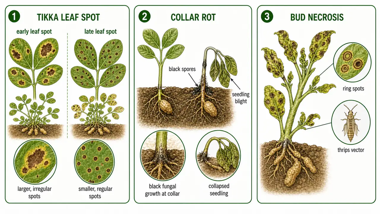 Groundnut disease comparison showing early and late tikka leaf spot collar rot seedling blight and bud necrosis symptoms