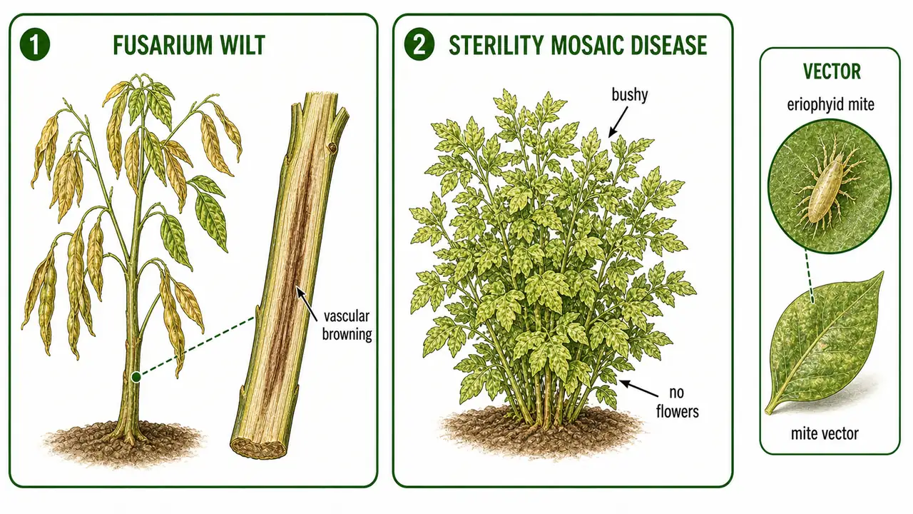 Pigeon pea disease comparison showing Fusarium wilt vascular browning and sterility mosaic with bushy pale green plants and mite vector