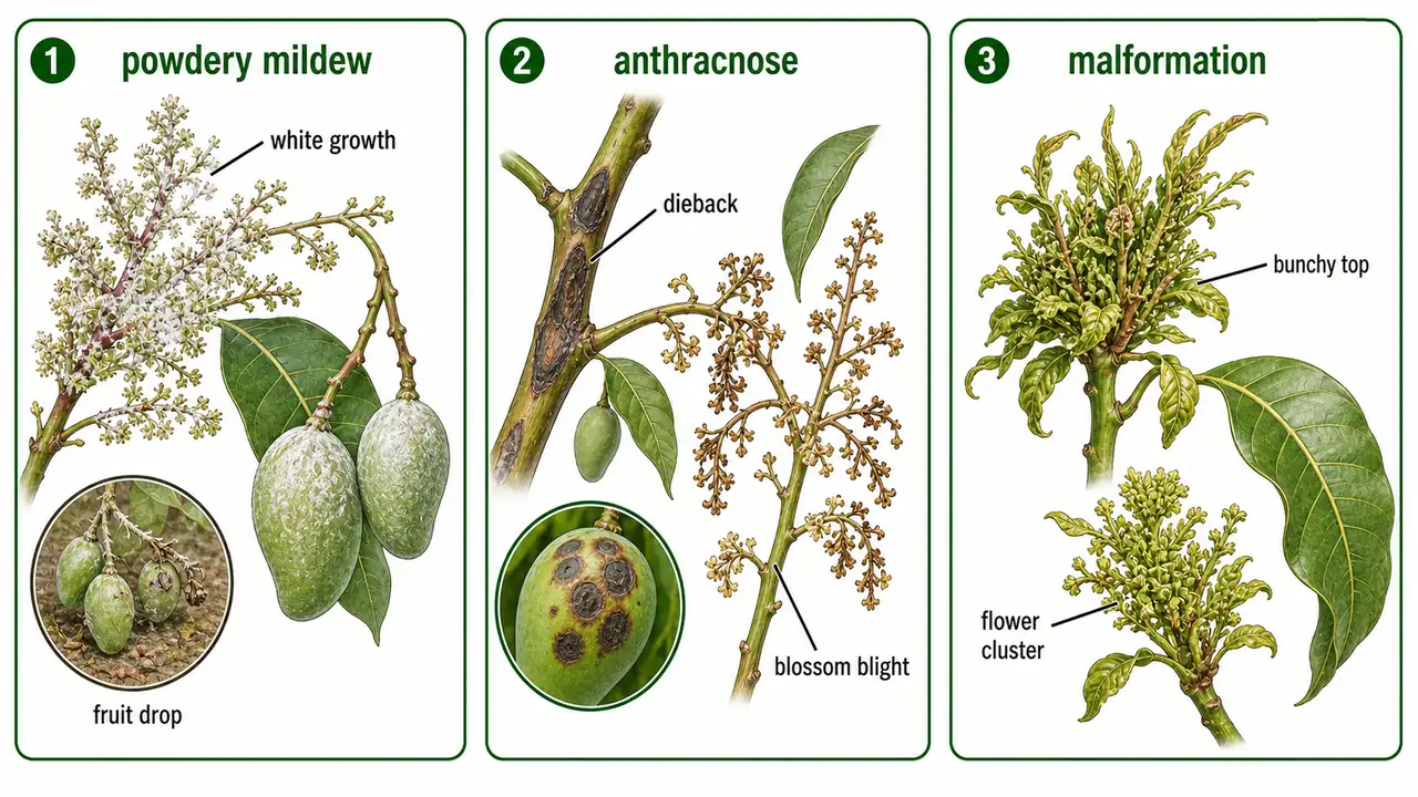 Mango disease comparison board showing powdery mildew anthracnose blossom blight and malformation bunchy top symptoms