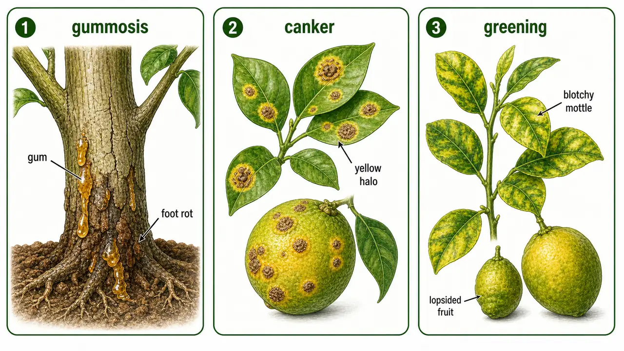 Citrus disease comparison board showing gummosis canker and greening symptoms on trunk leaves and fruit