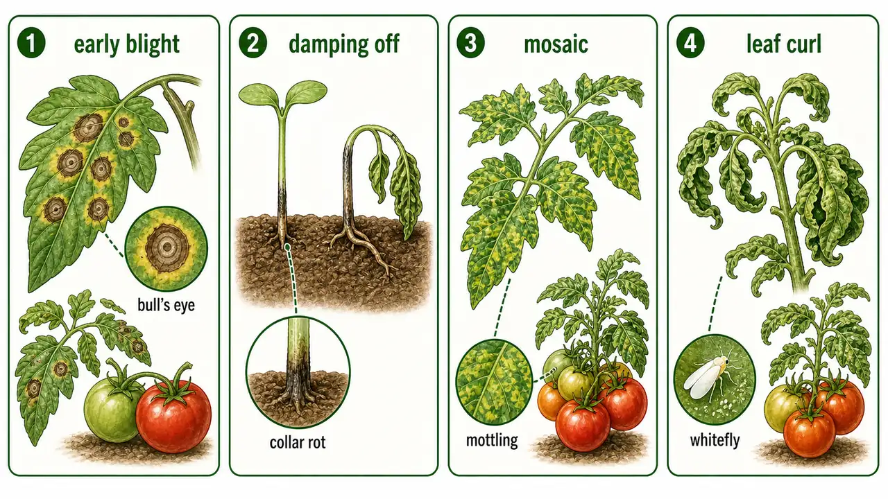 Tomato disease comparison board showing early blight damping off mosaic and leaf curl symptoms with whitefly cue