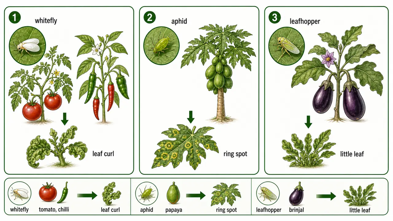 Vegetable crop disease vector board showing whitefly leaf curl aphid ring spot and leafhopper little leaf symptom links