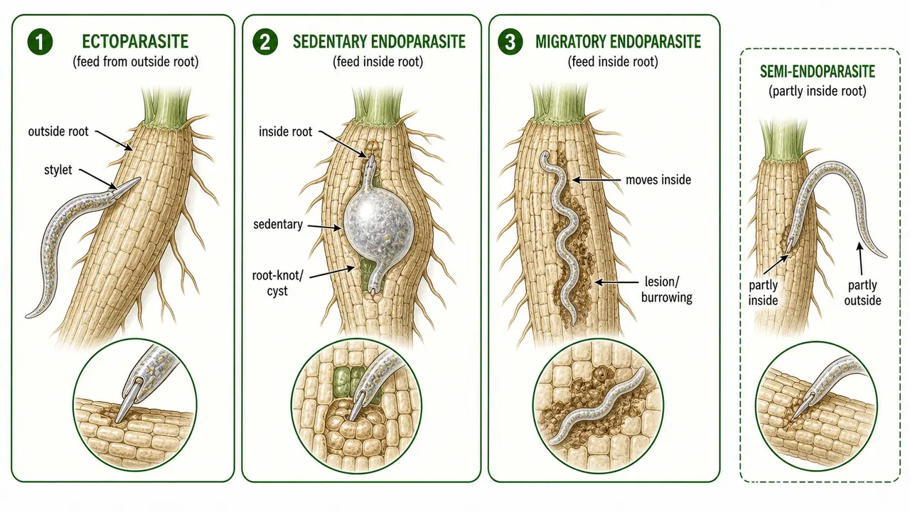 Plant parasitic nematode feeding habit diagram comparing ectoparasites sedentary and migratory endoparasites plus semi endoparasites on crop roots