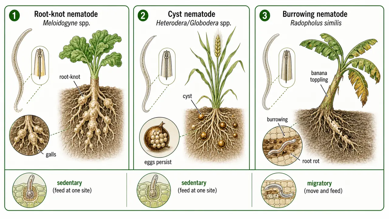 Comparison of root knot cyst and burrowing nematodes showing galls egg cysts and banana toppling damage in crop roots