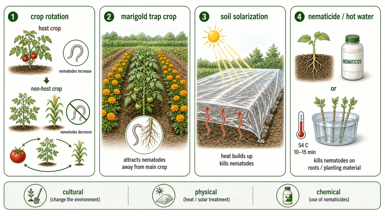 Nematode management board showing crop rotation marigold trap crop soil solarization and treatment methods used in plant pathology