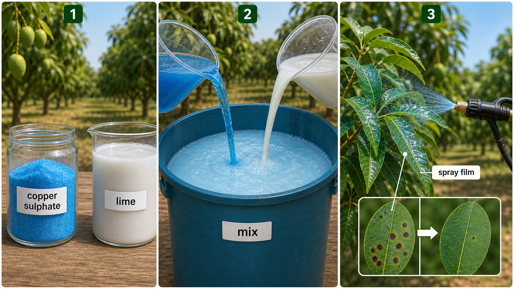 Bordeaux mixture forming a protective fungicidal film over plant surfaces
