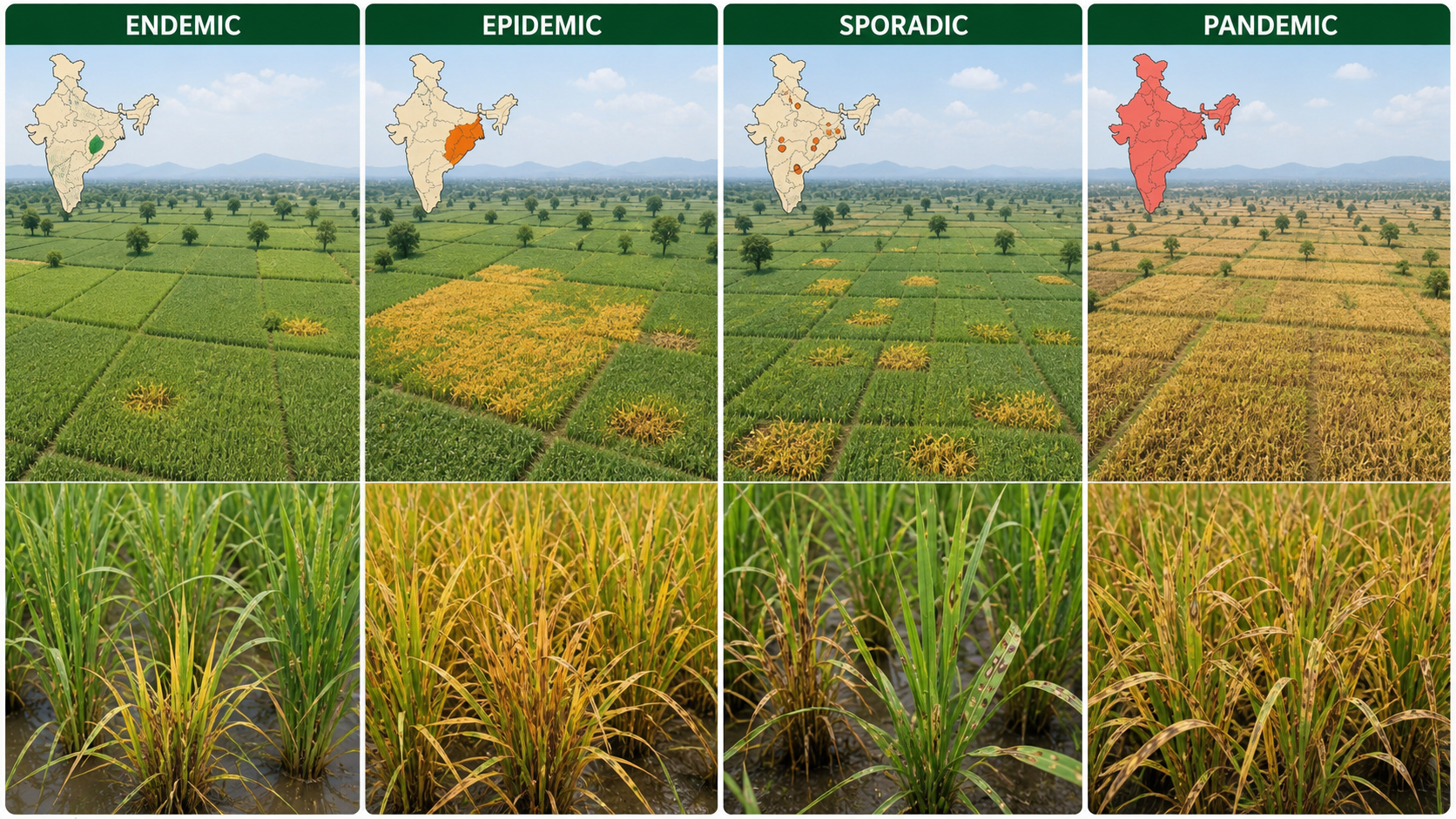 Scale of disease occurrence from endemic and sporadic to epidemic and pandemic patterns