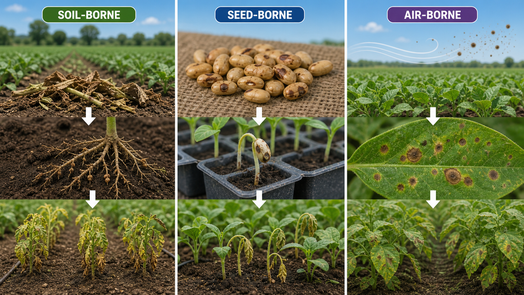 Major plant disease transmission routes through seed, soil, air, vectors, and planting material