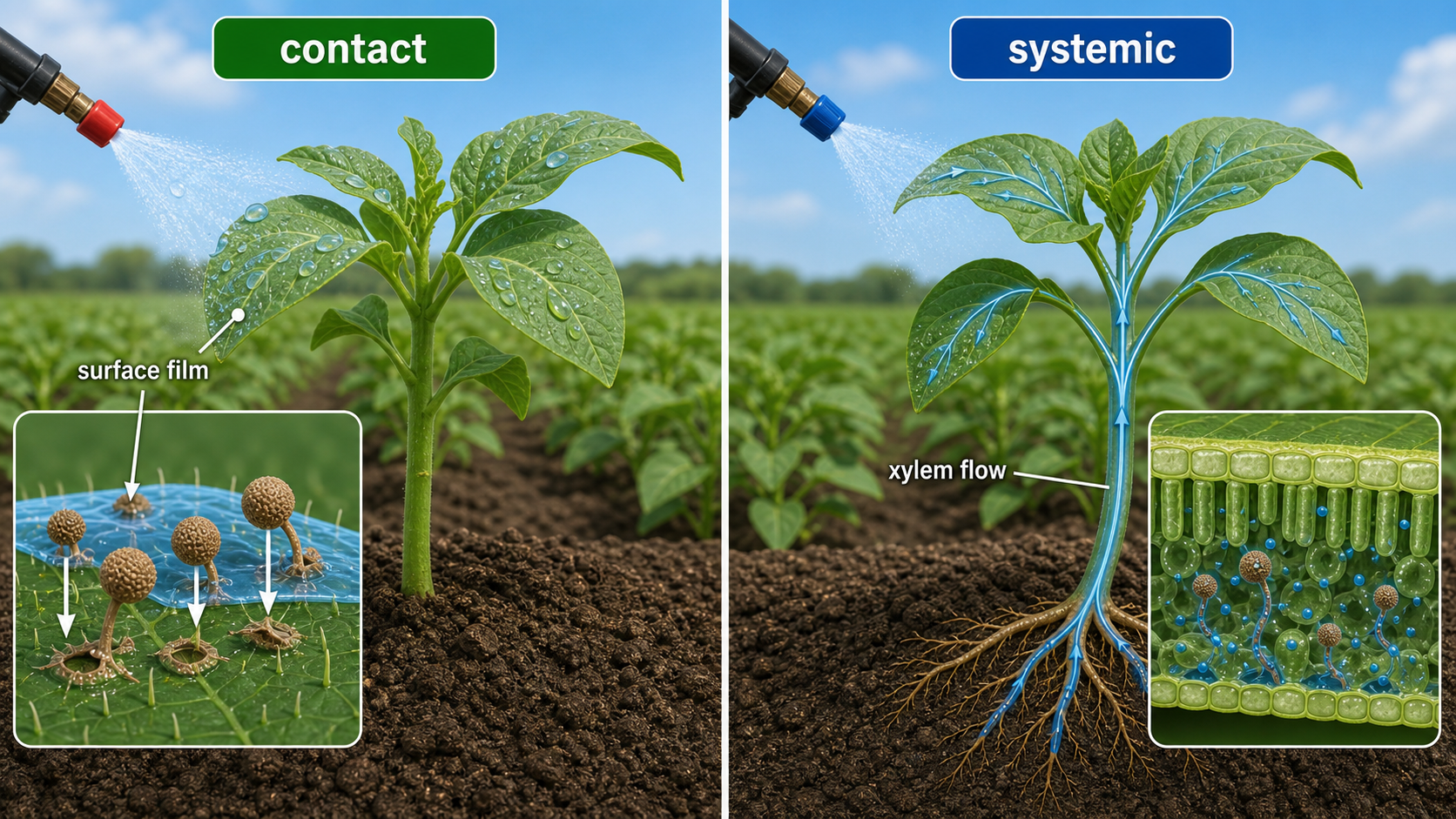 Contact versus systemic fungicide comparison showing surface protection and internal movement in plants