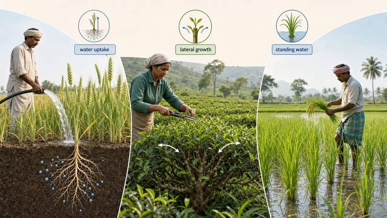 Plant physiology in farm practice showing irrigation, pruning driven lateral growth, and standing water management in rice