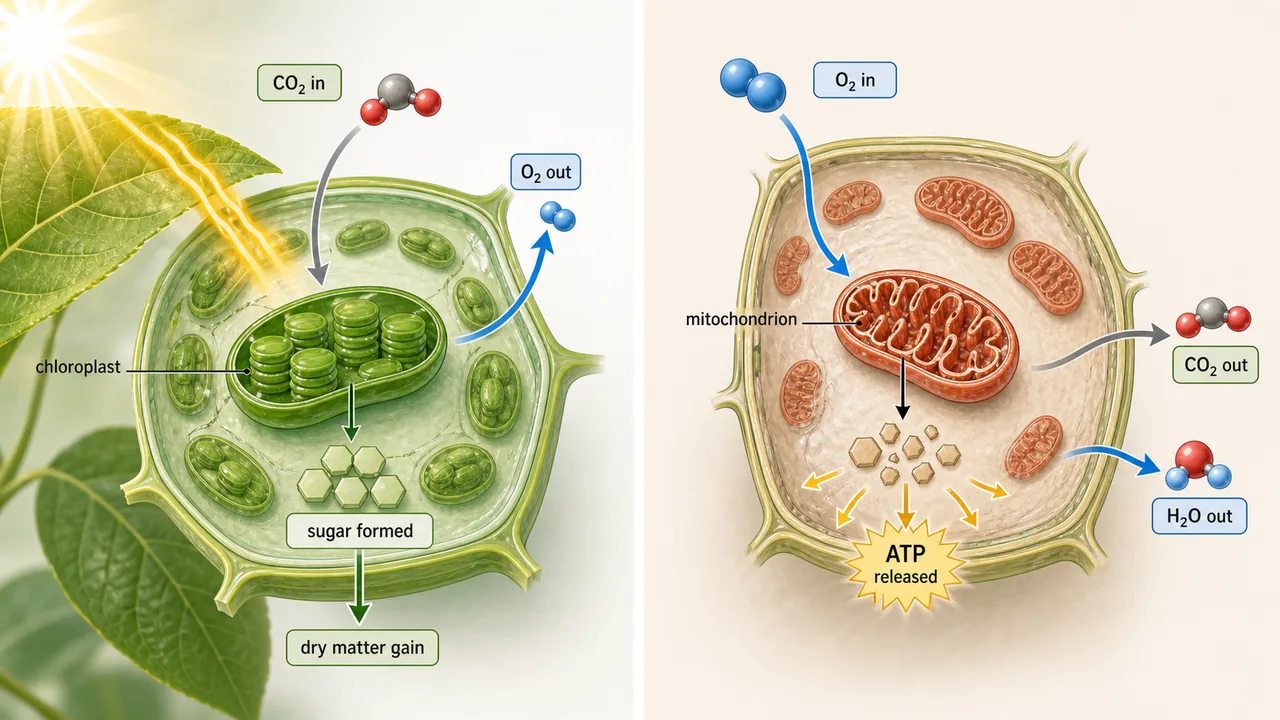 Photosynthesis versus respiration showing chloroplast sugar formation and mitochondrial ATP release