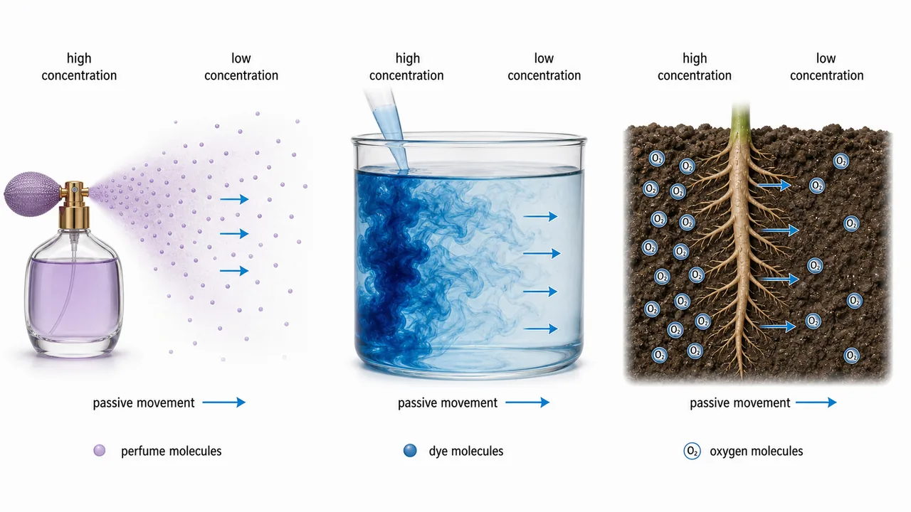Diffusion showing perfume in air, dye in water, and oxygen moving toward roots from high to low concentration