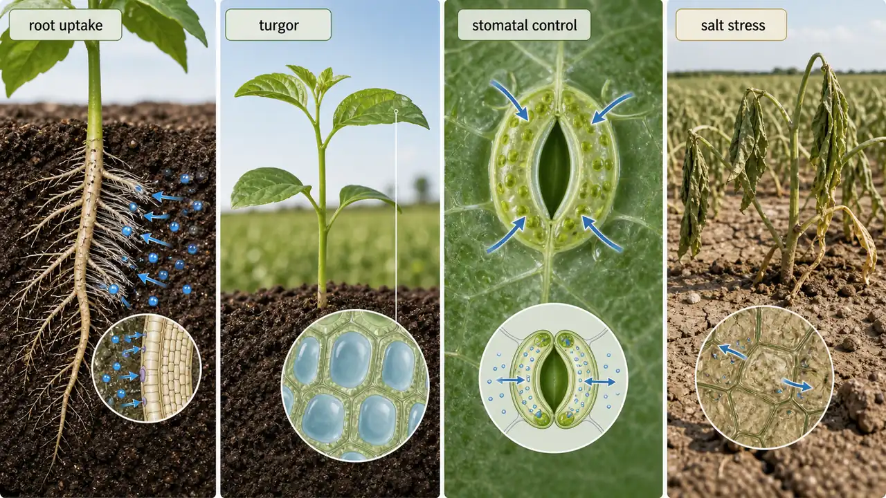 Water relations in crops showing root uptake, turgor, stomatal control, and wilting under stress