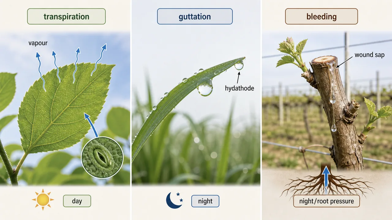 Comparison of transpiration, guttation, and bleeding in plants with vapour loss, leaf-tip droplets, and sap from wounds