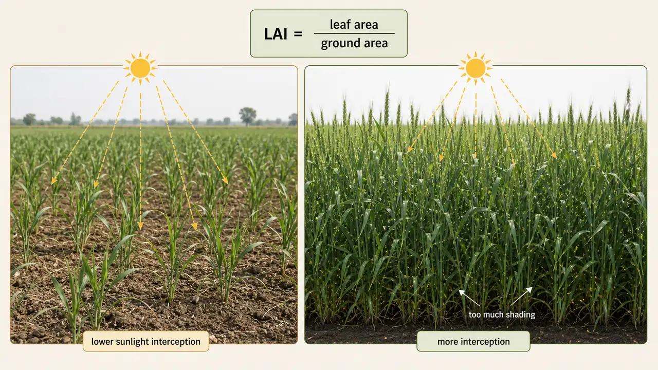 Leaf area index comparison showing sparse and dense crop canopies with interception and self-shading