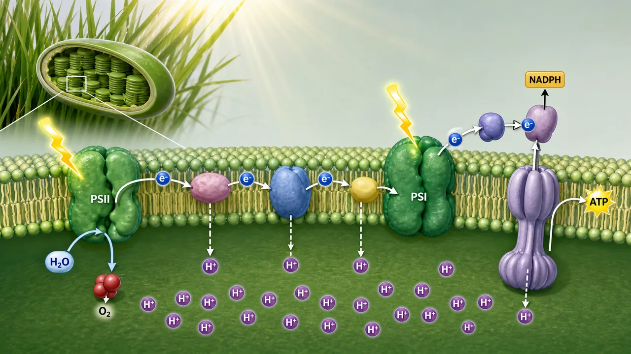Light reactions in a rice chloroplast showing PSII, PSI, water splitting, electron flow, ATP formation, and NADPH production