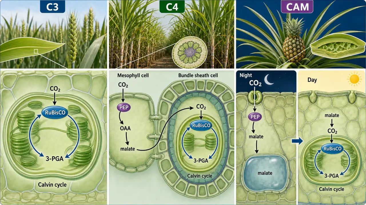 C3, C4, and CAM photosynthesis compared using wheat, sugarcane, and pineapple to show Calvin cycle, Kranz anatomy, and night-time malate storage