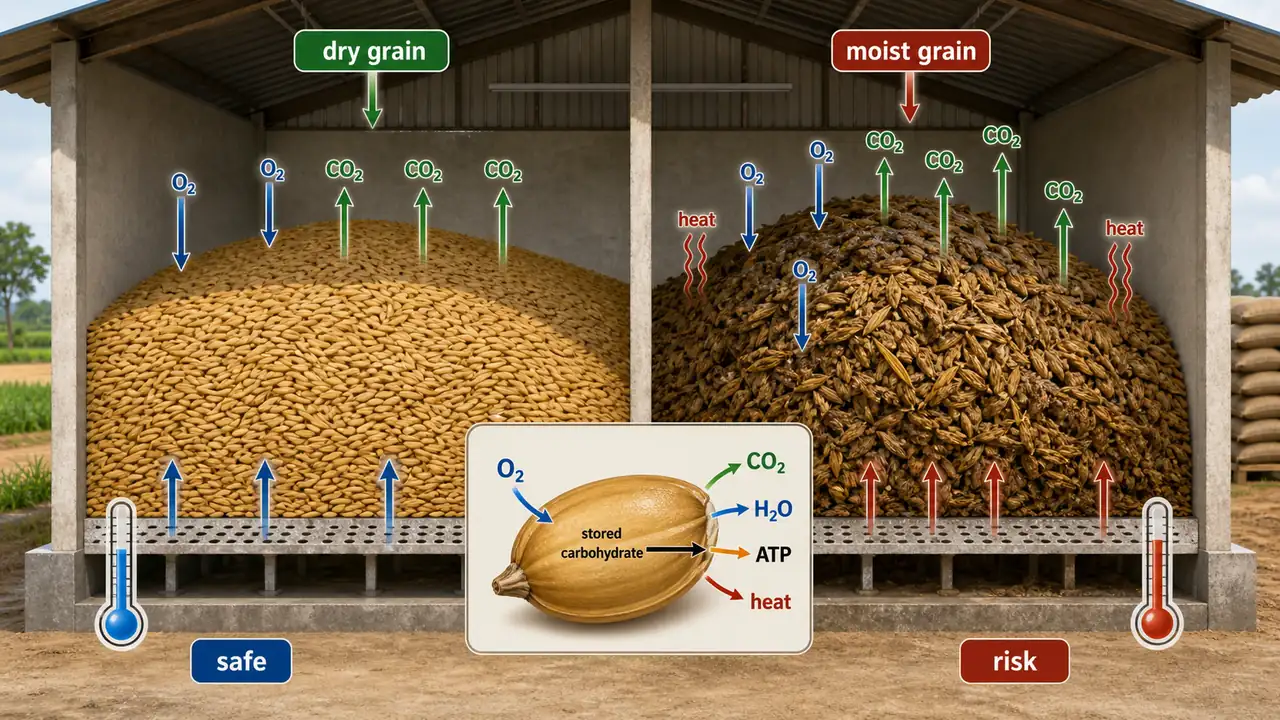 Stored paddy comparison showing cool dry grain versus moist grain with higher respiration, carbon dioxide release, and heat build-up