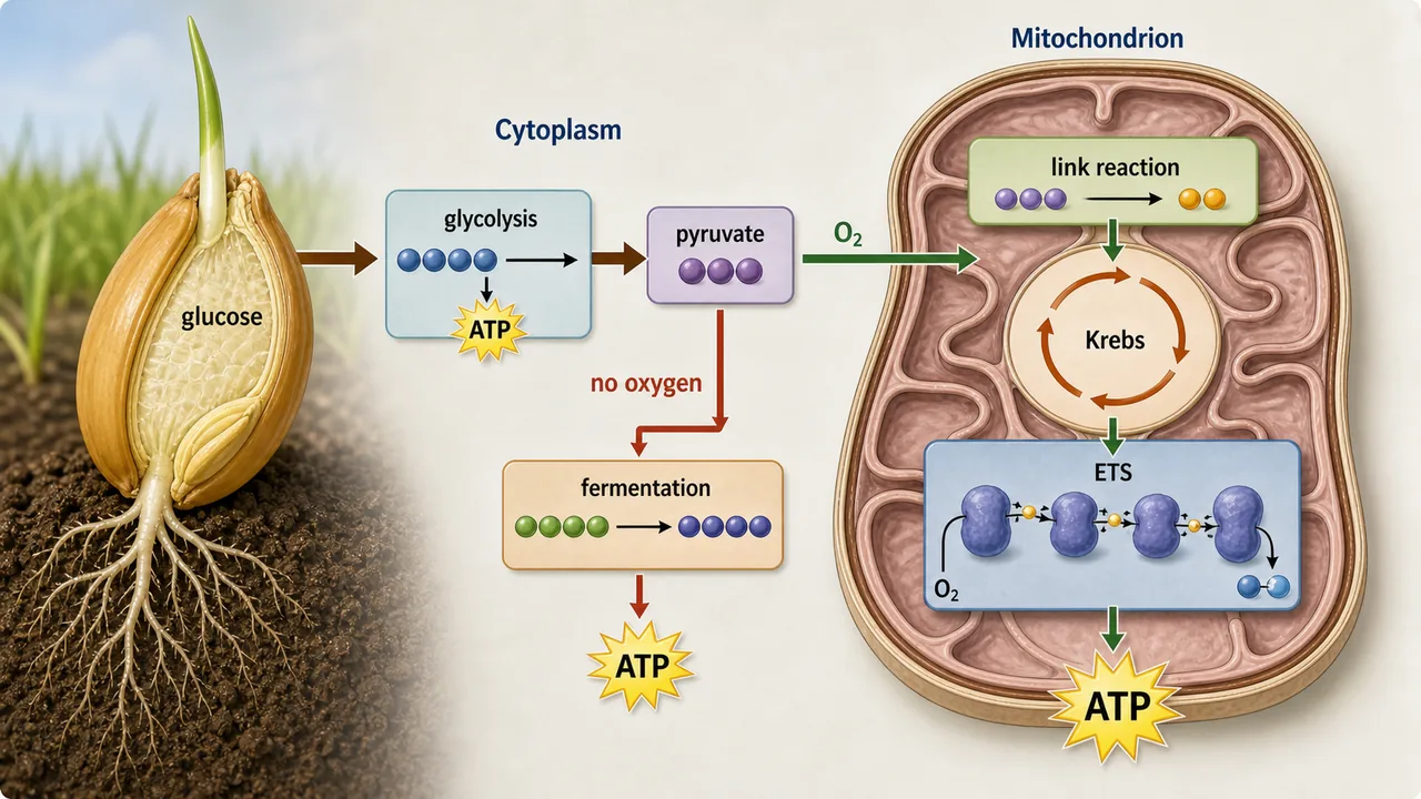 Respiration mechanism in a germinating seed showing glycolysis, pyruvate branching to fermentation without oxygen, and mitochondrial link reaction, Krebs cycle, and ETS with ATP production