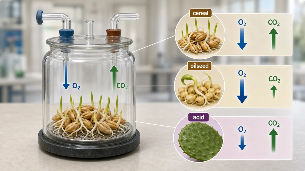 Ganong-style seed respiration setup comparing oxygen uptake and carbon dioxide release for cereal, oilseed, and acid-rich tissues