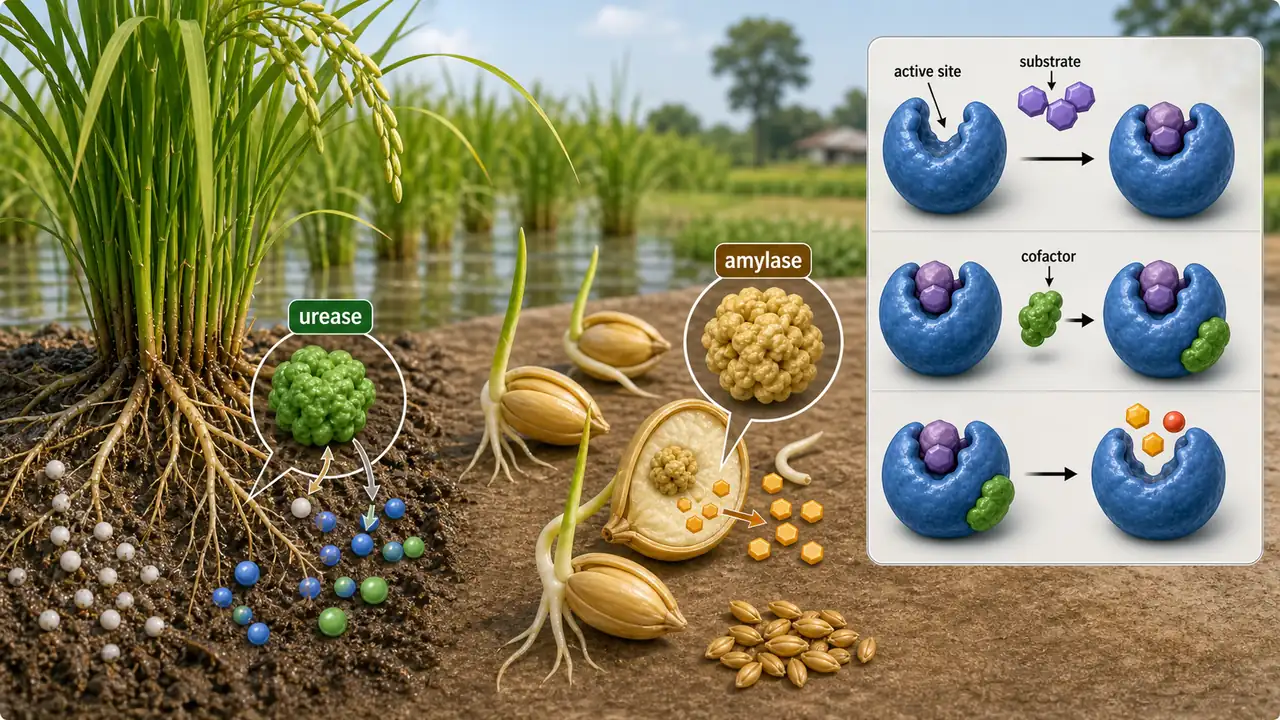 Enzymes in agriculture showing urease near rice roots, amylase in germinating barley, and a specific active-site substrate fit with cofactor support