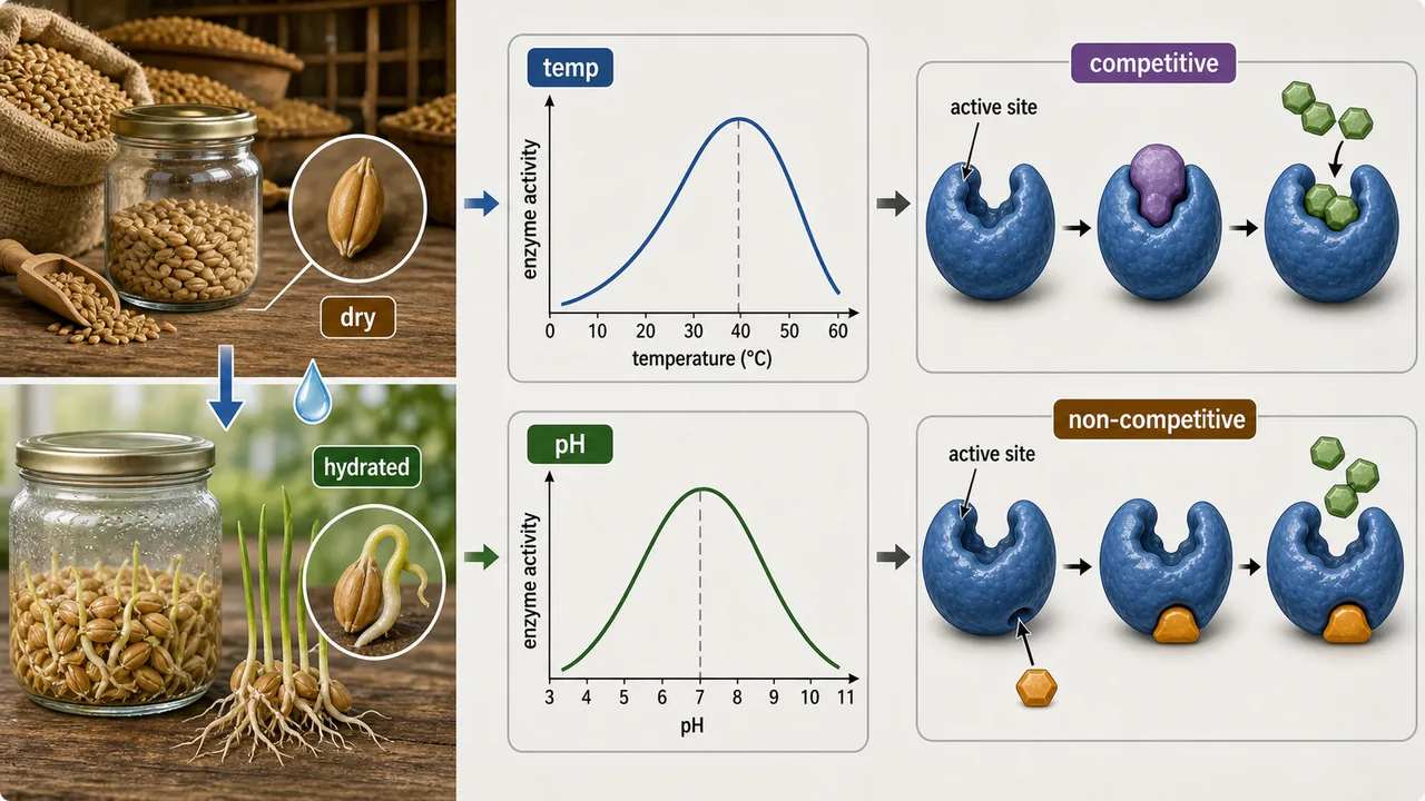 Stored versus hydrated seeds with enzyme temperature and pH curves plus competitive and non-competitive inhibition at enzyme binding sites