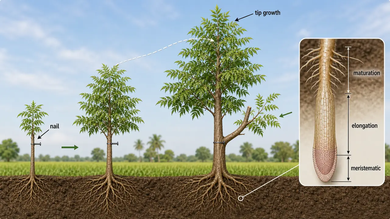 Localized plant growth shown by a tree nail staying at the same trunk height while tip growth continues, with a root-tip inset for meristematic, elongation, and maturation zones