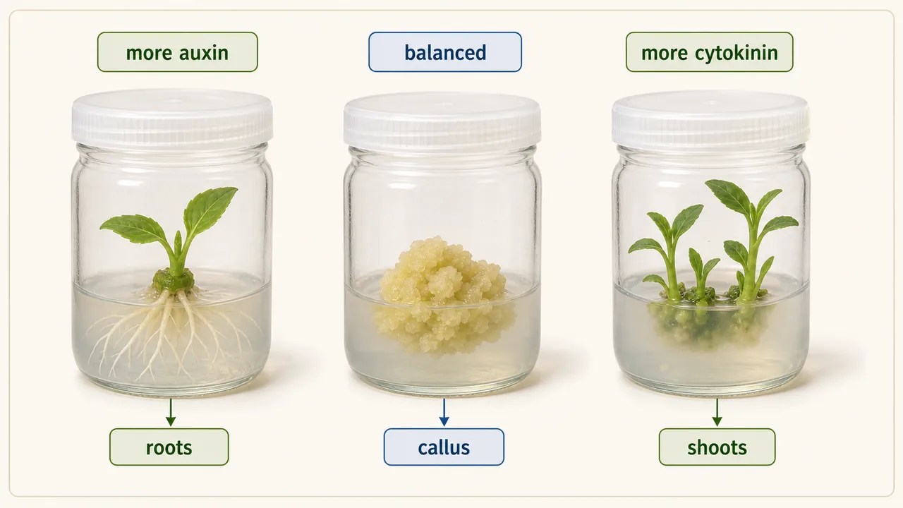 Tissue culture outcomes showing root formation with high auxin, callus with balance, and shoot formation with high cytokinin