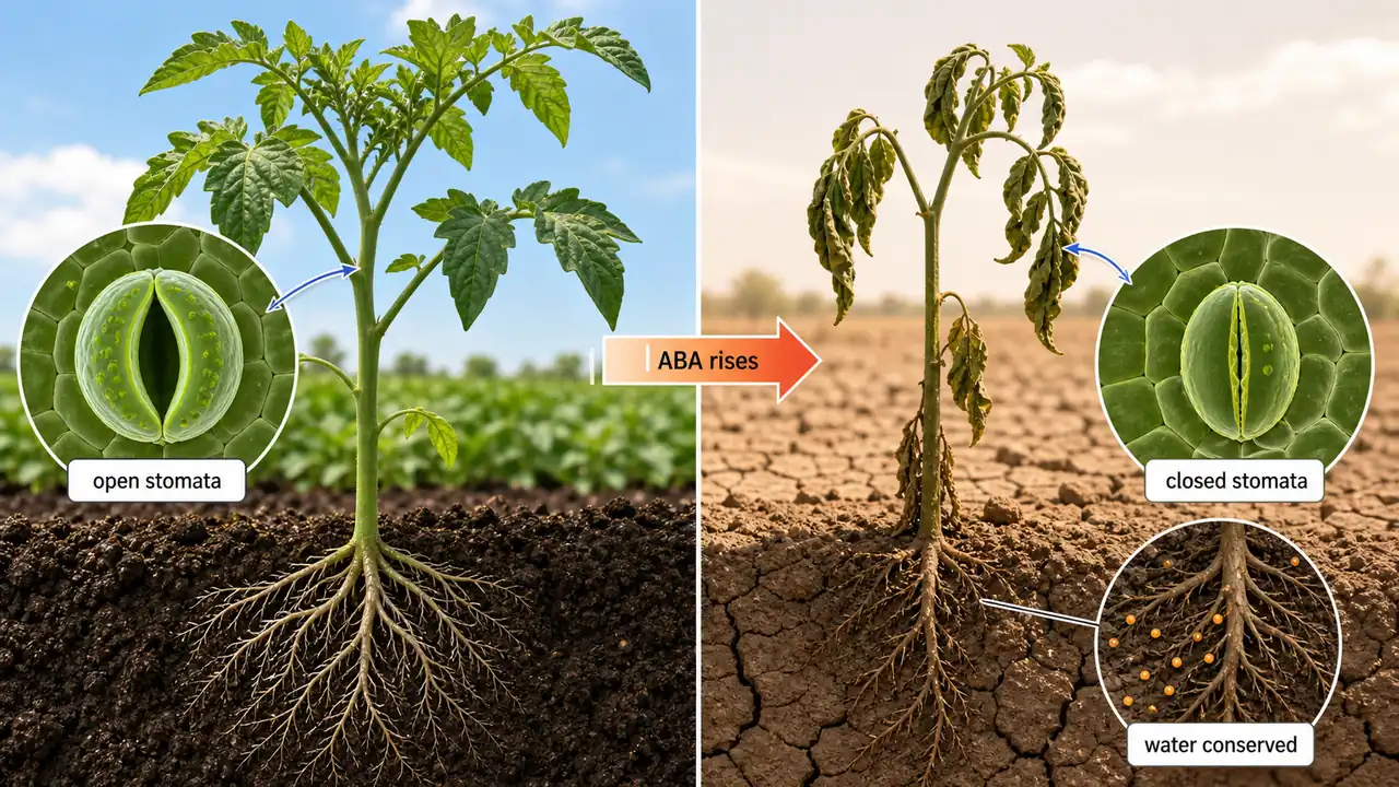 Abscisic acid action during drought showing rising ABA, stomatal closure, and water conservation