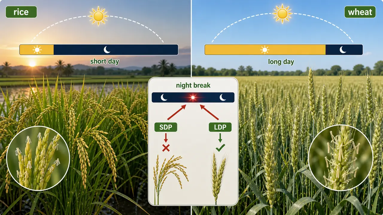 Photoperiodism comparison showing rice flowering under short days and wheat flowering under long days, with a night-break inset for short-day and long-day plants